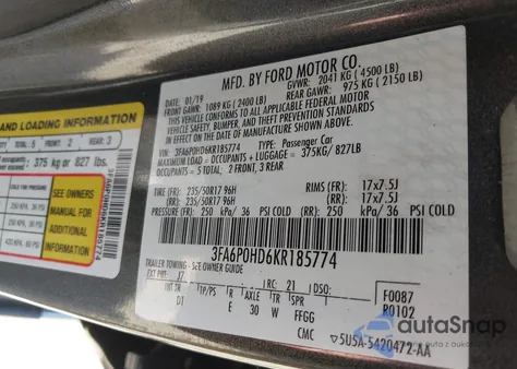 2019 Ford Fusion Se z USA, uszkodzony, nr VIN 3FA6P0HD6KR185774